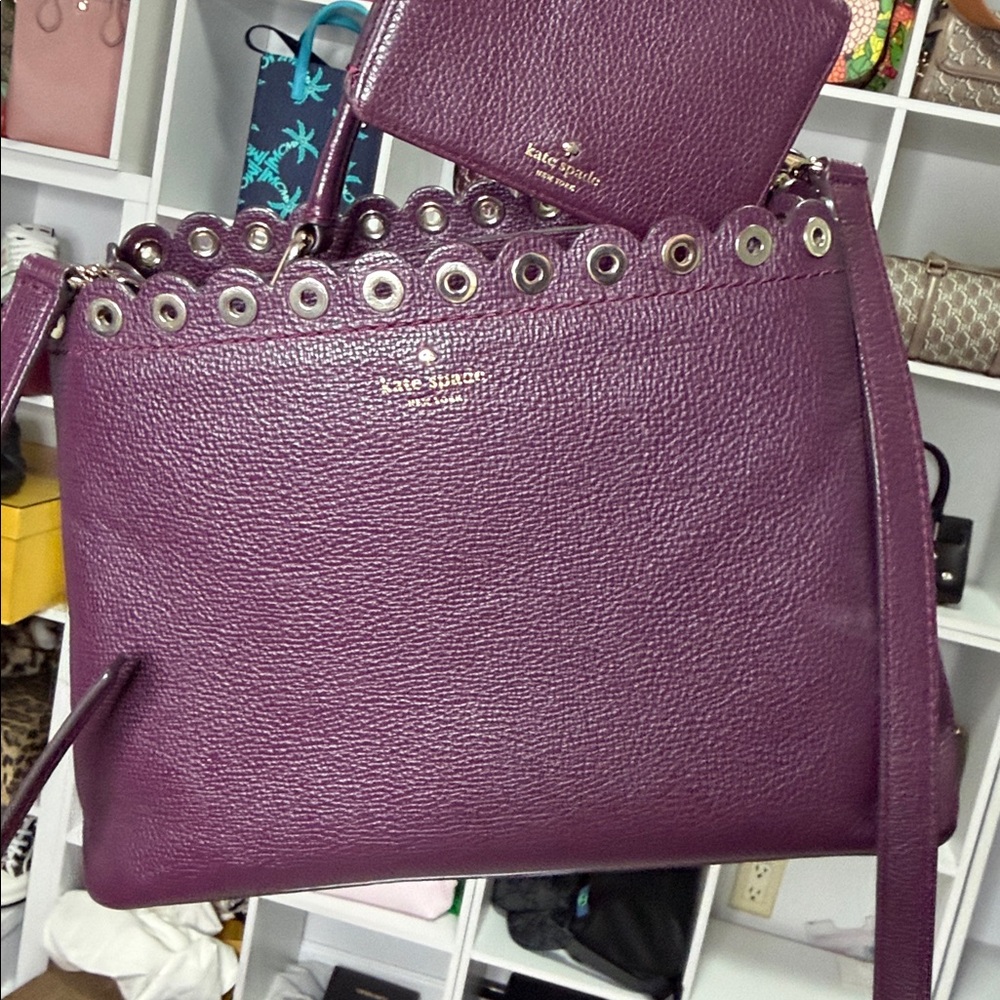 kate spade Purple Eyelet Pebbled Leather Shoulder Bag With Wallet